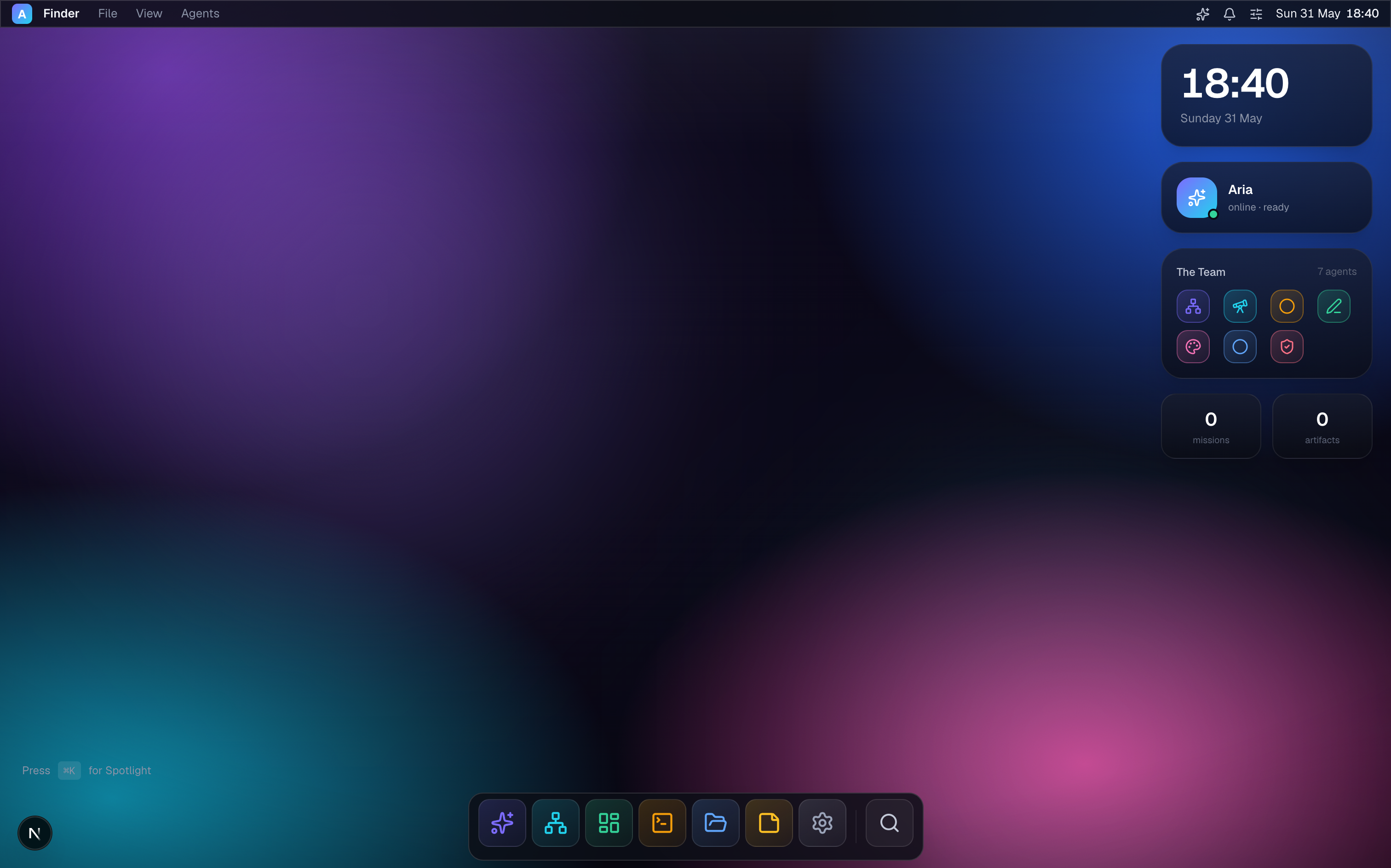 Aria desktop — a macOS-style web OS with a multi-agent brain